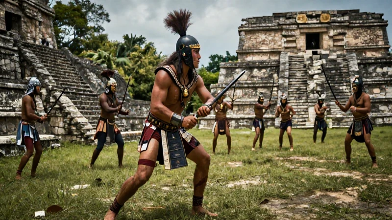 Guerrero Maya en combate en ruinas antiguas