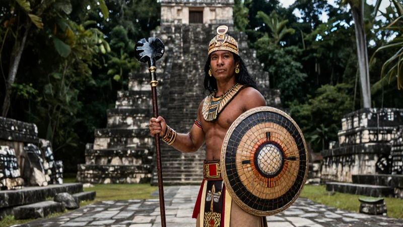 Guerrero maya majestuoso en Tikal con maza de obsidiana