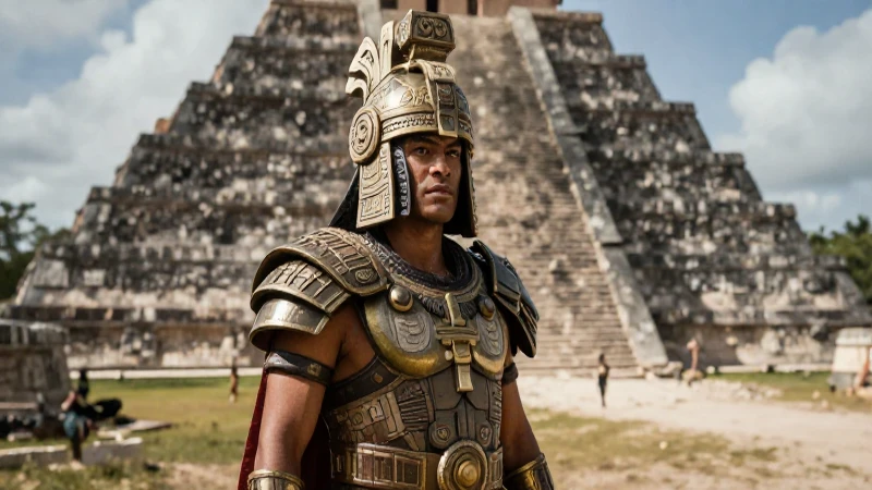 Guerrero maya imponente en batalla con armadura
