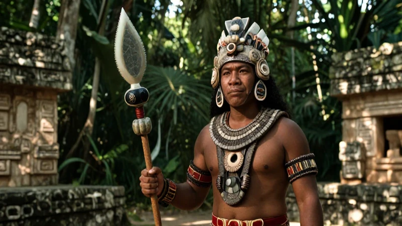 Guerrero Maya con armas en selva densa