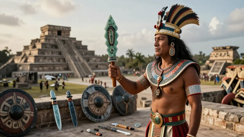 Guerrero azteca con armas, al amanecer en Mesoamérica