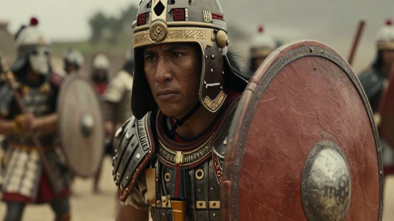 Guerrero mexica con defensa táctica en batalla