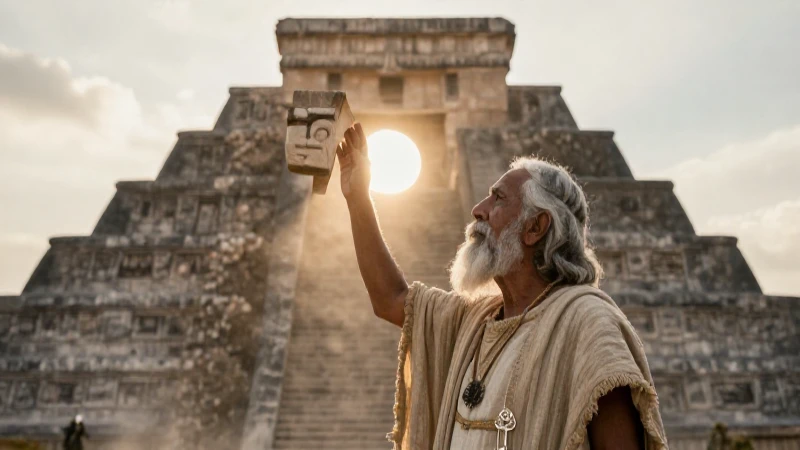Arqueoastronomía: Descubriendo el Cosmos en Mesoamérica 55 Sacerdote mesoamericano observa el sol en la antigua pirámide