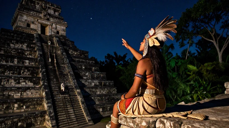 Astrónomo maya observa el cielo en templo