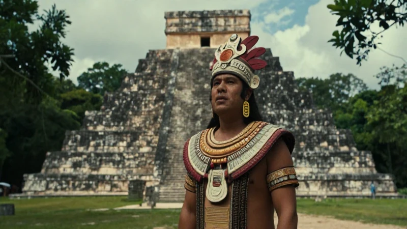 Noble maya ante pirámide en jungla
