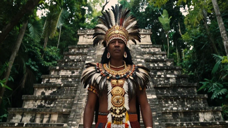 Sacerdote maya en templo con selva