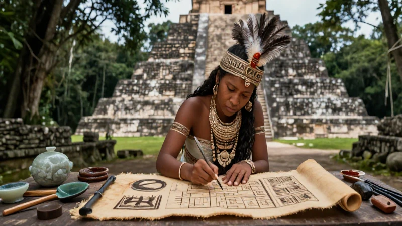 Scribe maya pinta en códice frente a pirámide