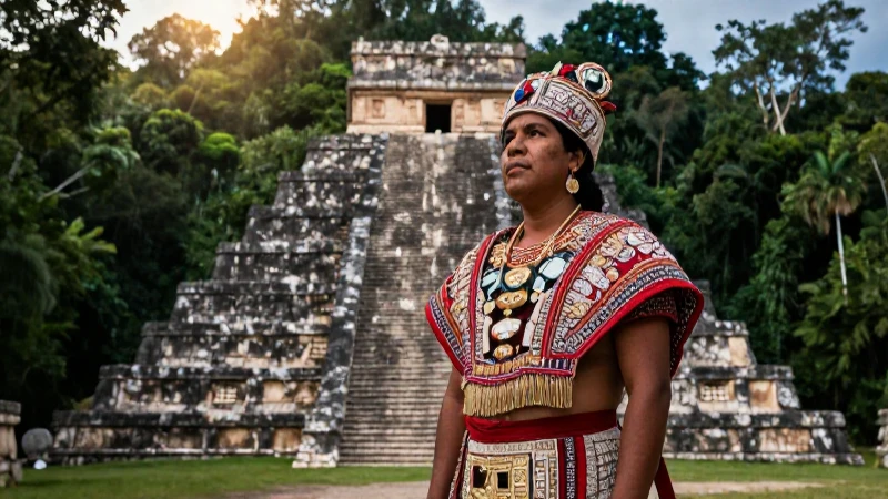 Noble Maya junto a la pirámide, reflejo de su resurgimiento