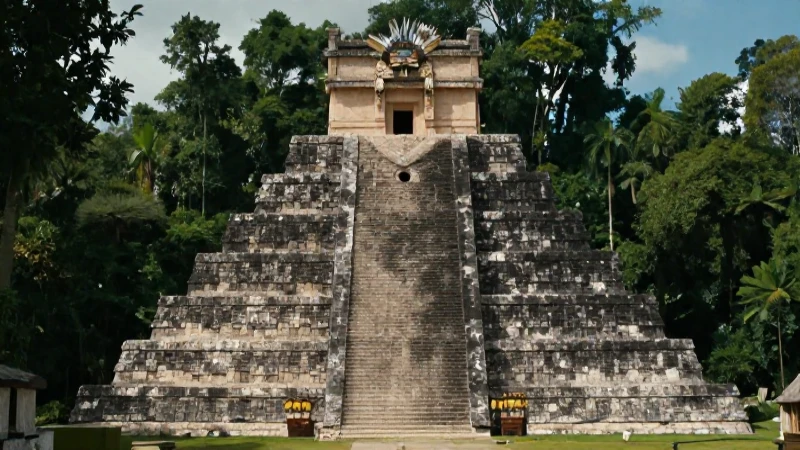 Rey maya majestuoso ante una pirámide selvática