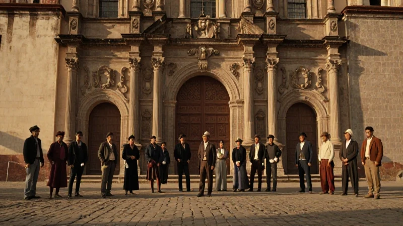 Mexicanos ante iglesia colonial al atardecer