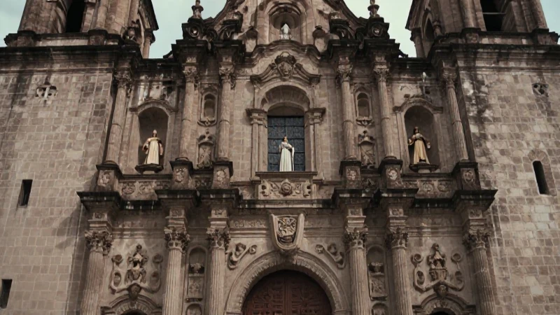Iglesia colonial mexicana con figuras históricas