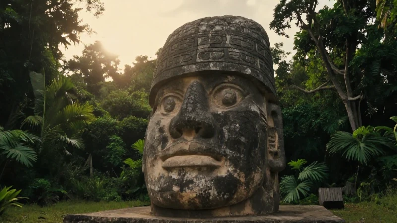 Cabeza olmeca colosal en el paisaje bajo luz dorada