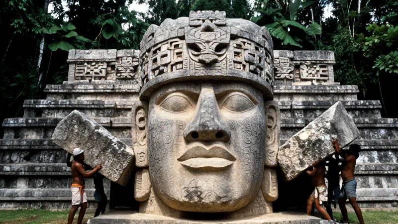 Escultura Olmec gigante en la selva mesoamericana