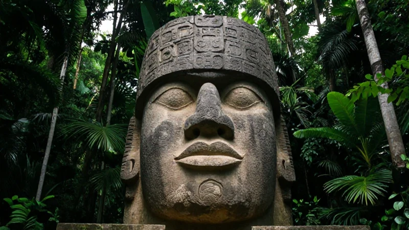 Cabeza olmeca colosal en selva, fotografía dramática