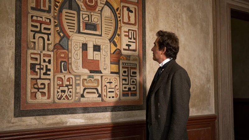 Académico observa fresco azteca en luz dramática