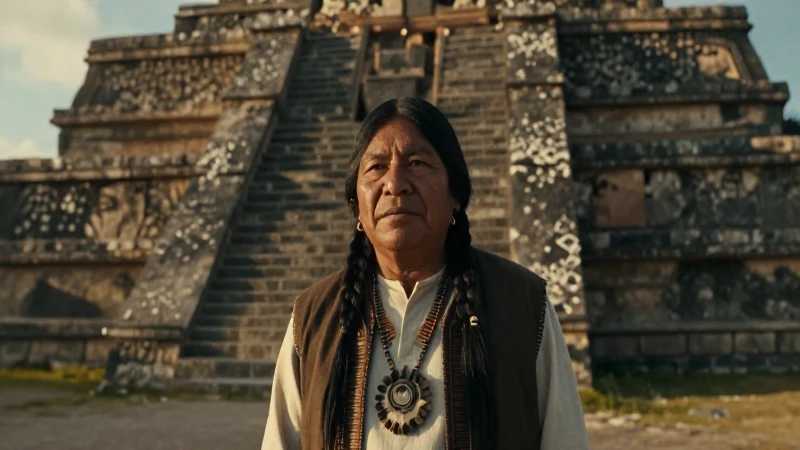 Sabio indígena en ruinas ancestrales al atardecer