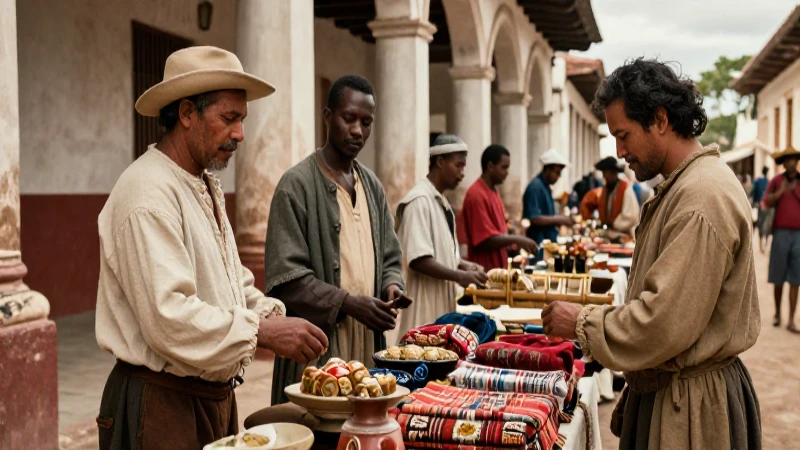 Mercado colonial multicultural, escena auténtica y realista