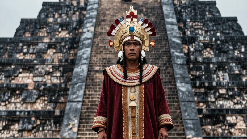Atlacahualo: Descubre la Veintena 1 y Su Historia Fascinante 10 Sacerdote mexica bajo la lluvia junto a pirámide