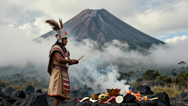 Atlacahualo: Descubre la Veintena 1 y Su Historia Fascinante 12 Ritualista mesoamericano en volcán ceremonial místico