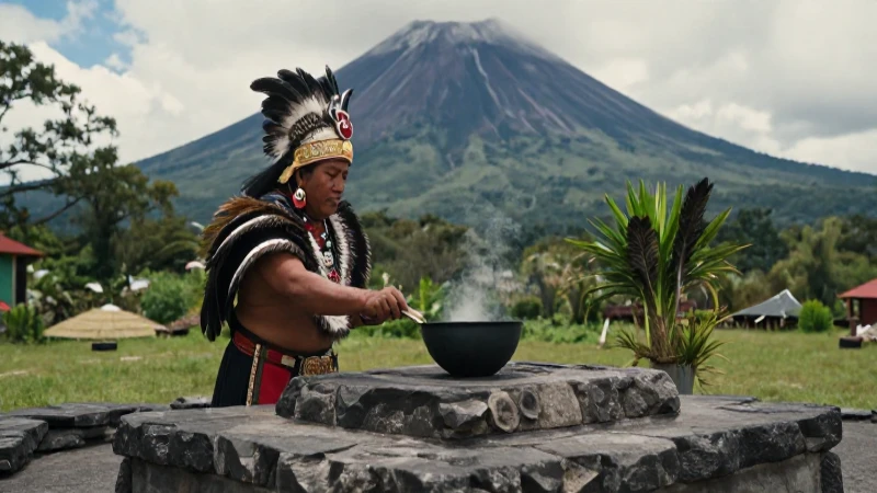 Axayacatl: El líder guerrero mexica y su pasión culinaria 31 Jefe mexica en altar, paisaje volcánico, estilo documentario