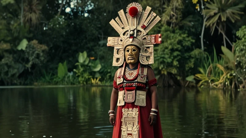 Figura azteca en un ceremonial lacustre realista