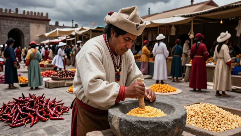 Quiénes fueron los aztecas y qué aportes culturales hicieron 29 Artesano azteca moliendo maíz en mercado vibrante