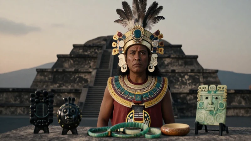 Azteca en Tenochtitlan bajo luz del crepúsculo