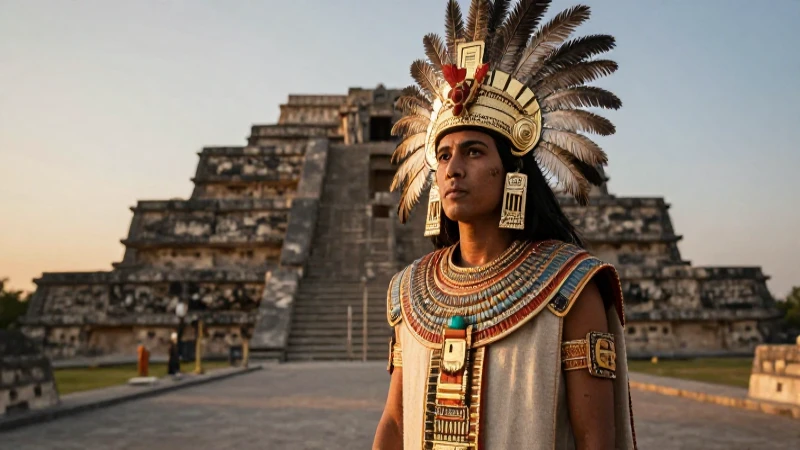 Sacerdote azteca ante el Templo Mayor