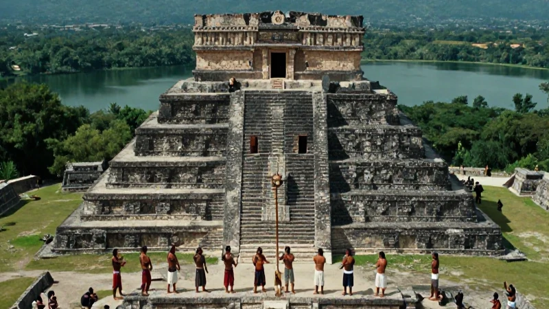 Sacerdote azteca rinde culto ante pirámide