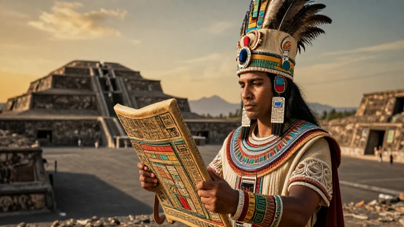 Sacerdote azteca observa antiguo códice en Tenochtitlan