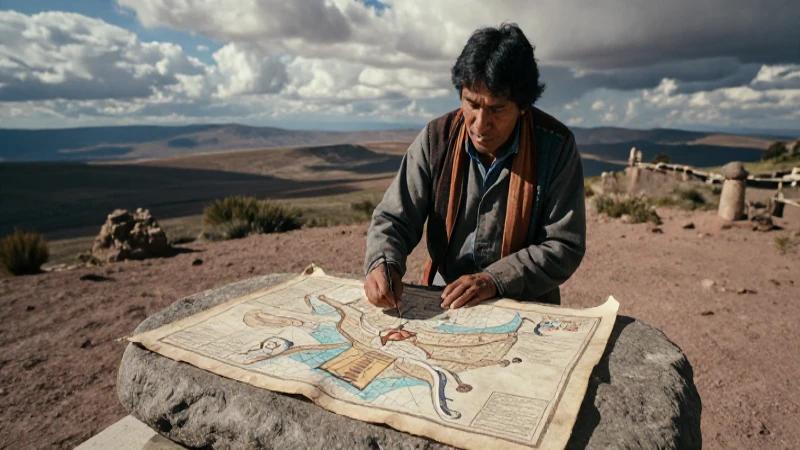 Académico mexica examina antiguo mapa en alta montaña