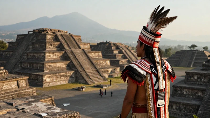 Azteca contempla ruinas al amanecer en México