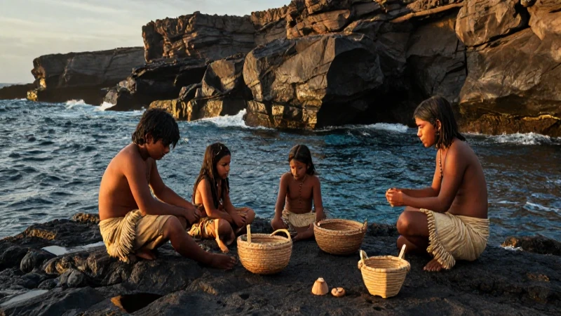 Familia Chinchorro pescando en la costa precolombina