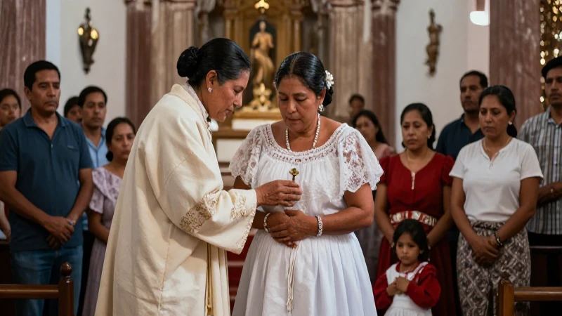 Partera bautizando en iglesia colonial mexicana
