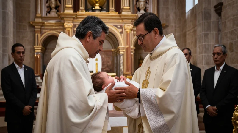 Bautismo colonial en iglesia histórica con dramatismo