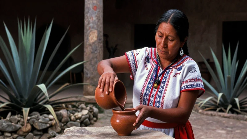 Mujer indígena vierte bebida en patio histórico