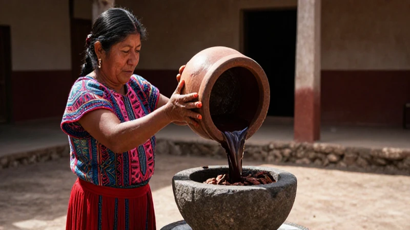 Mujer indígena moliendo cacao en Mesoamérica