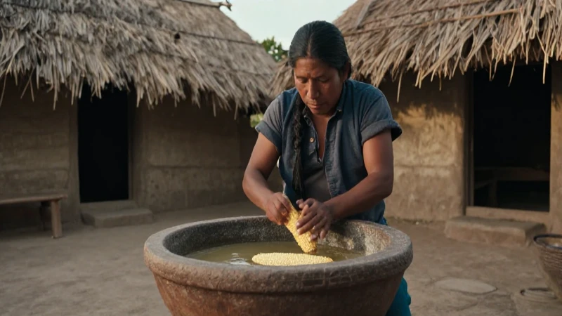 Artesano indígena procesando maíz ancestral tradicional