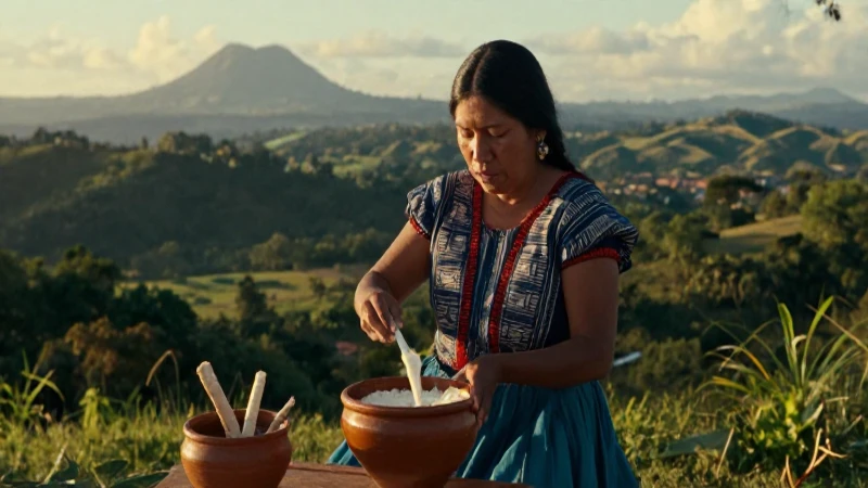 Mujer indígena prepara bebida tradicional al atardecer