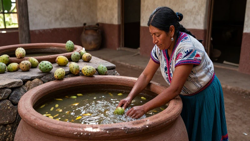 Mujer indígena atiende tinaja de tunas con luz natural