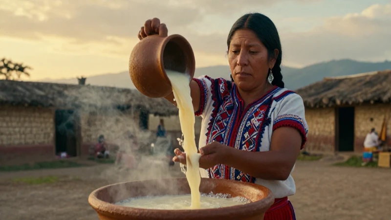 Mujer indígena preparando pulque en aldea ancestral