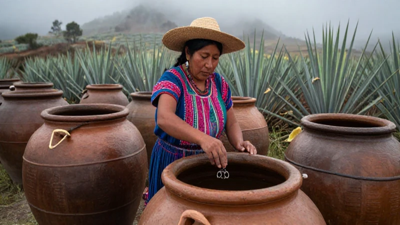 Mujer indígena cosecha pulque en campos brumosos