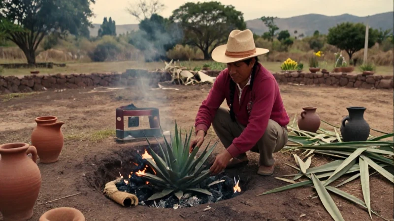 Mixicultor ancestral tosta agave en un horno de tierra