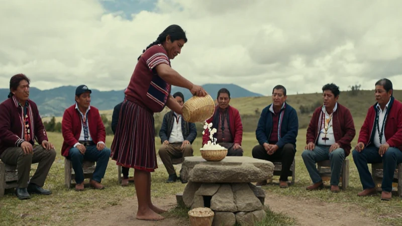Hombre indígena vierte bebida en ritual ceremonal