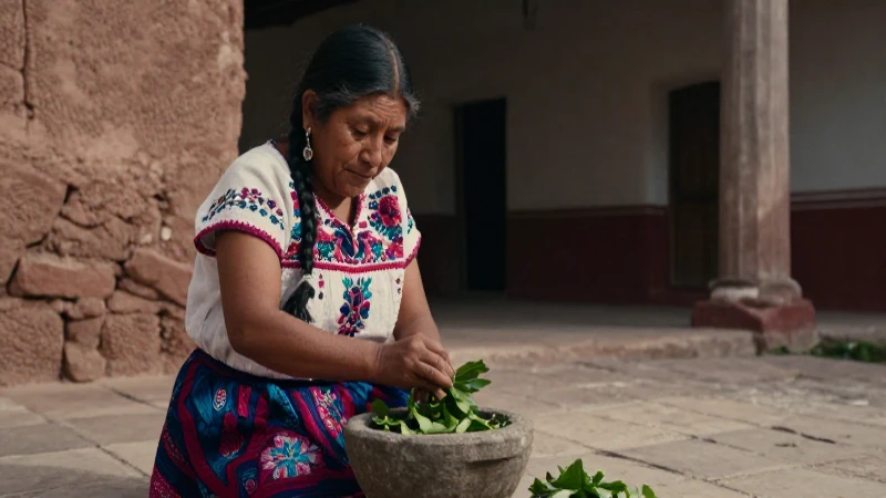 Curandera mexicana muele epazote en patio colonial