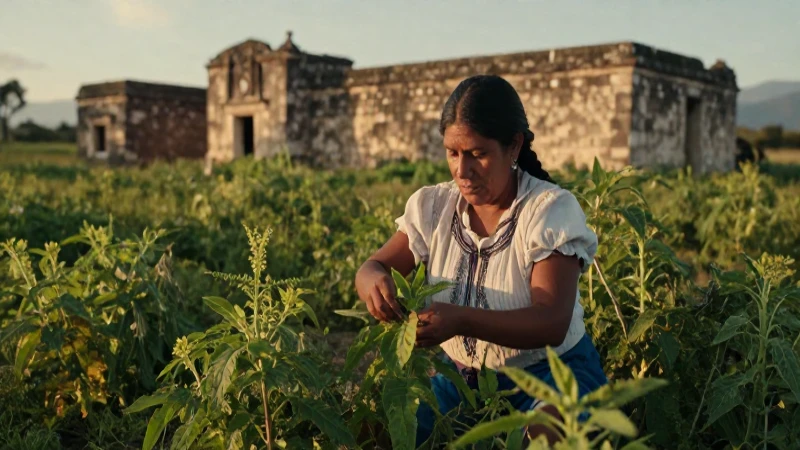 Mujer curandera cosecha epazote en campo mesoamericano