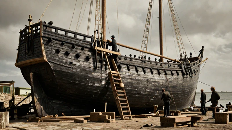 Barco de madera histórico en construcción