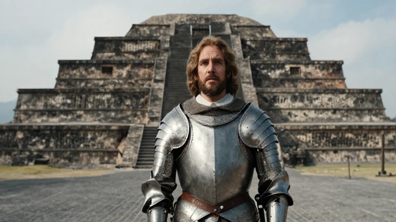 Biografía de Hernán Cortés: Nacimiento y Logros Esenciales 44 Cortés observa ruinas de Tenochtitlan con armadura