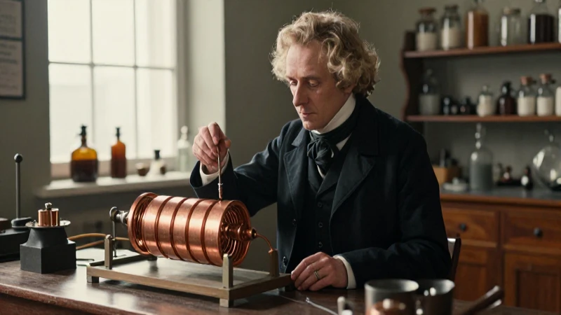 Ampère en un laboratorio del siglo XIX con bobinas de cobre