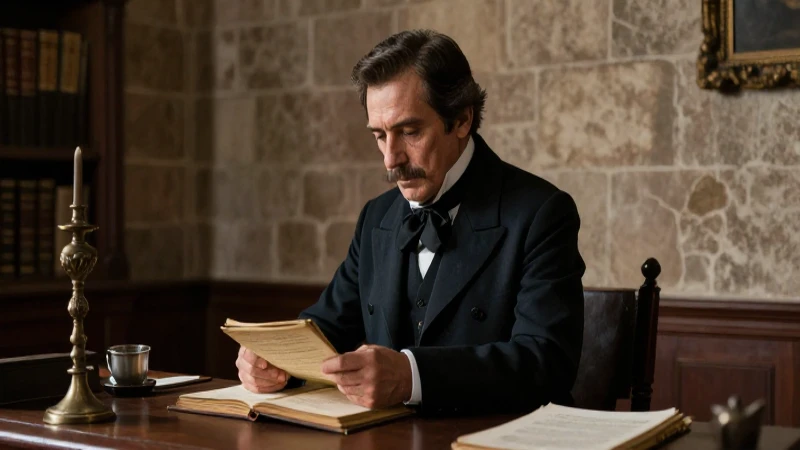 Juan Álvarez revisa libros en oficina colonial